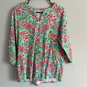 Appleseed's Lime Green and Pink Floral Half-Sleeve V Neck Blouse